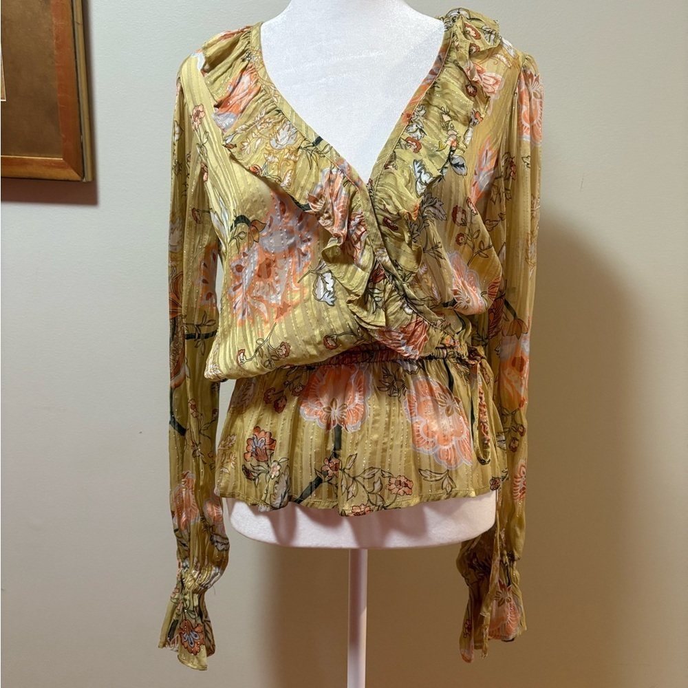 Ramy Brook floral v-neck blouse top long sleeve sz XS